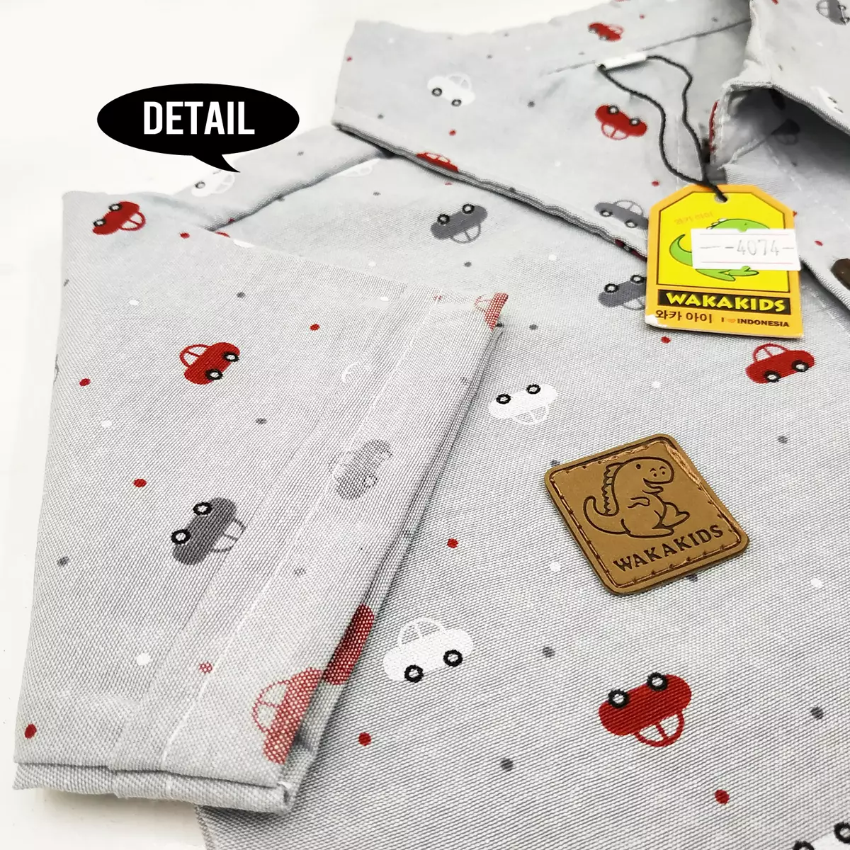 Wakakids Baju Atasan Kemeja Anak Laki Laki Usia 6 Bulan Hingga 8 Tahun Motif Car Full Printing Collar Shirt 4074 Abu Tua