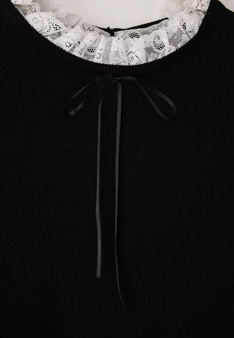 Black Lace Collar And Ribbon/Bow Detail Thin Knitwear Sweater Tbbaw26An00019