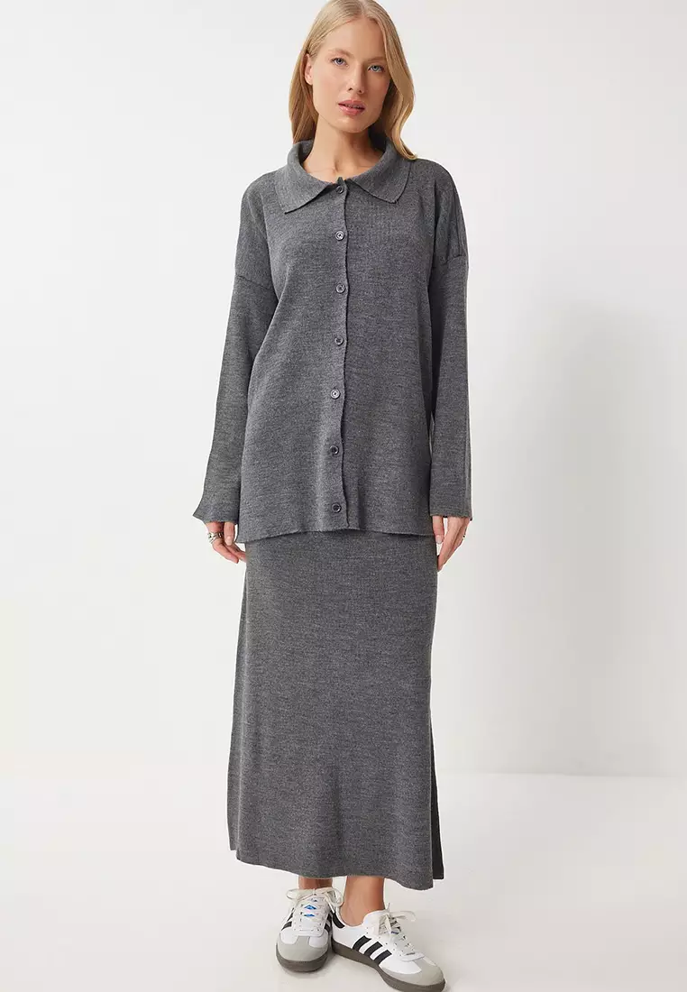 Polo Neck Knitwear Cardigan Skirt Set