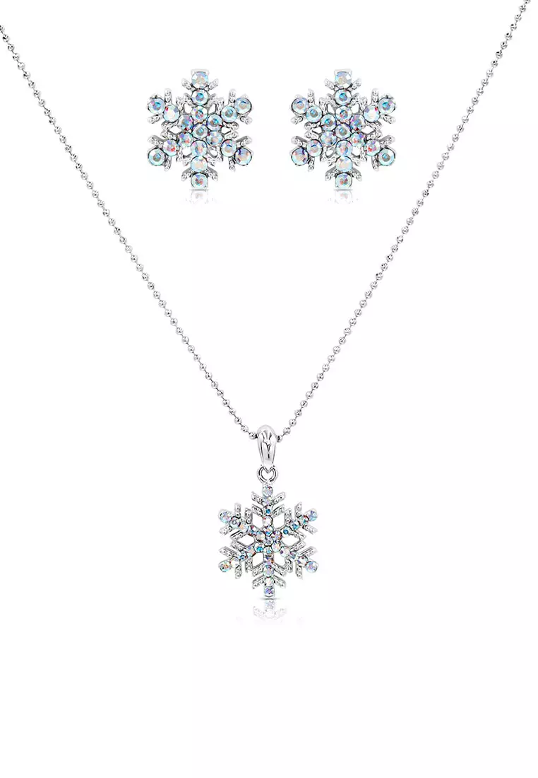 SO SEOUL Let it Snow Snowflake Aurore Boreale Stud Earrings with Pendant Chain Necklace Jewelry Gift Set