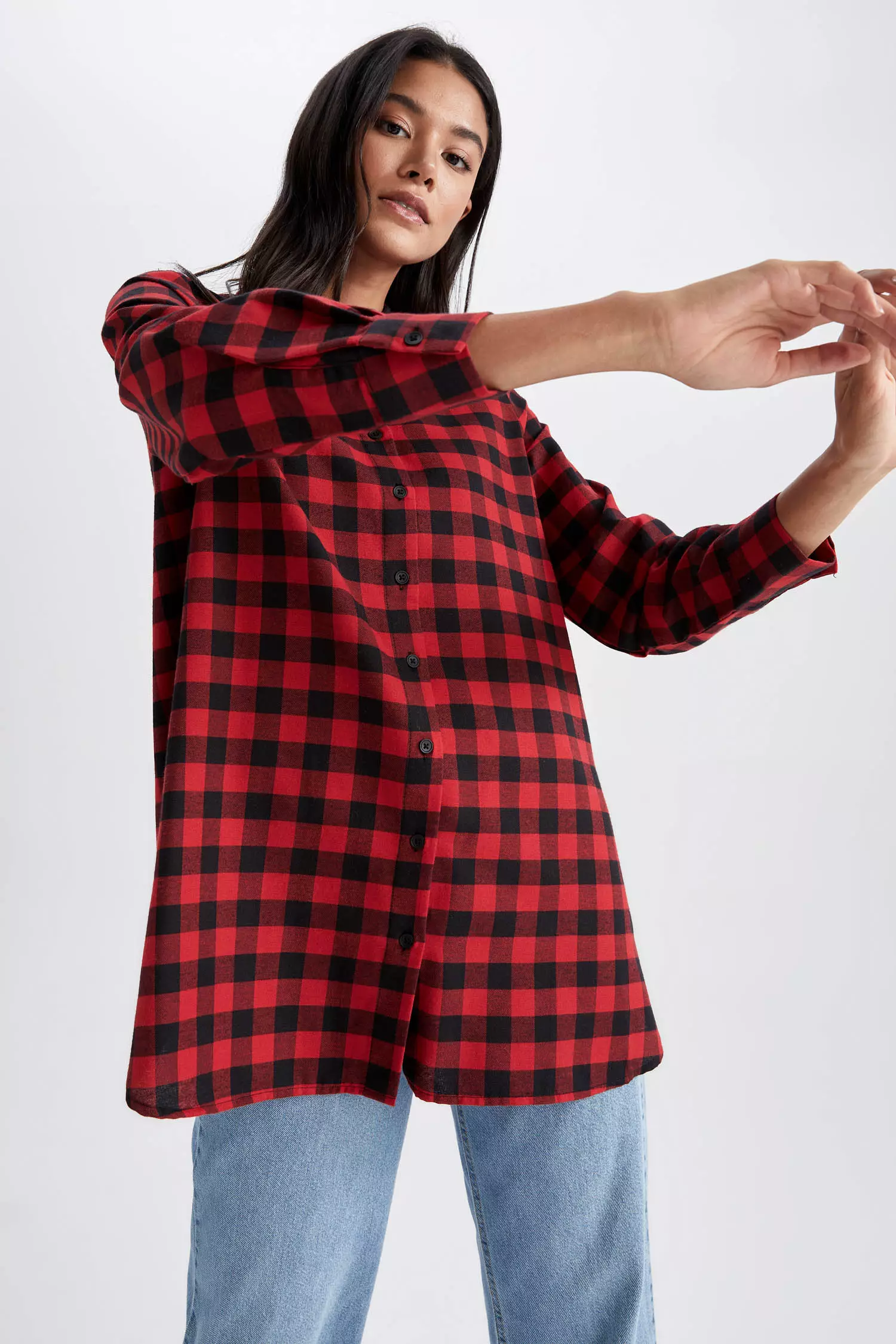 Red plaid button hot sale up dress