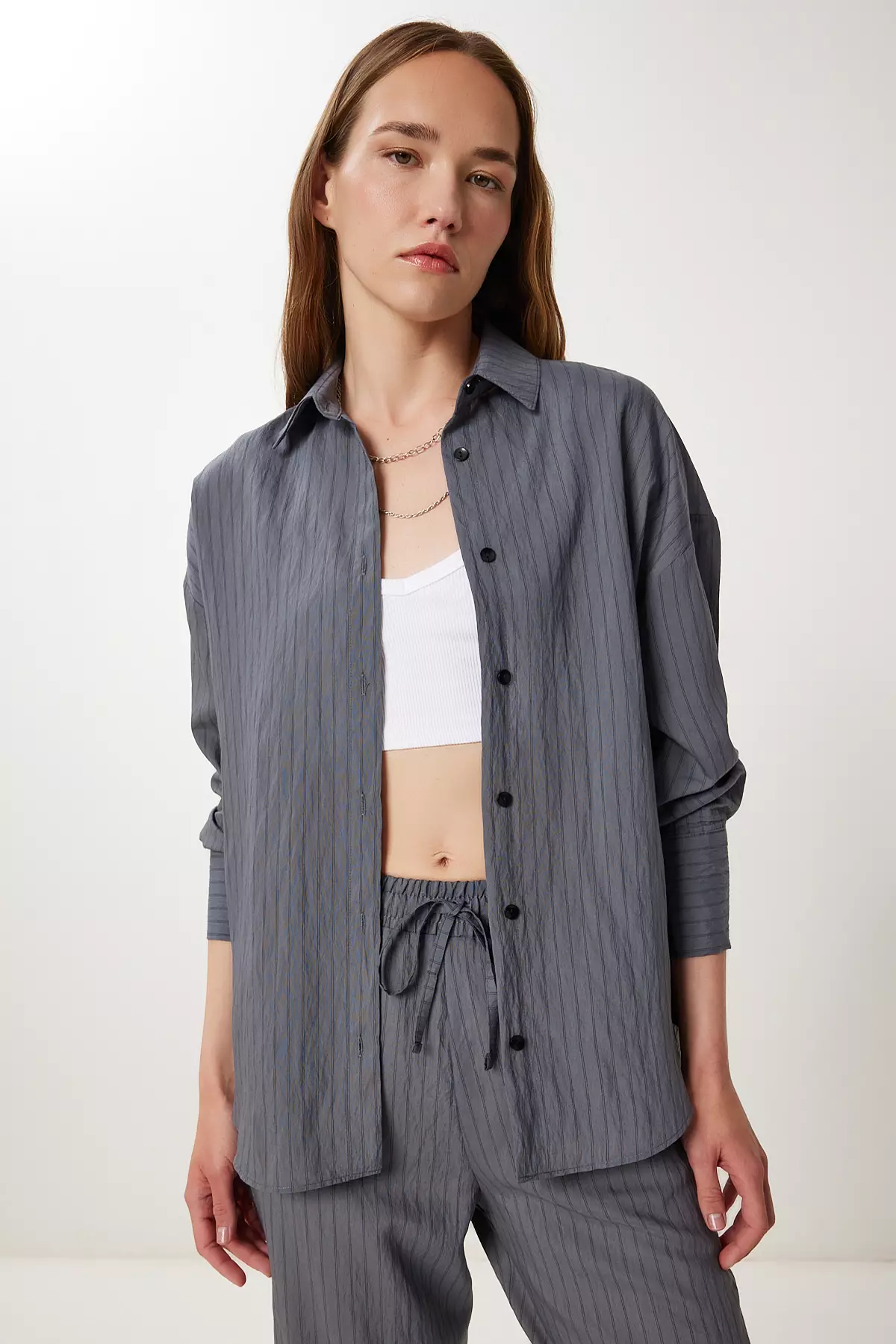 Women's Anthracite Striped Shirt Pants Set Wf00138