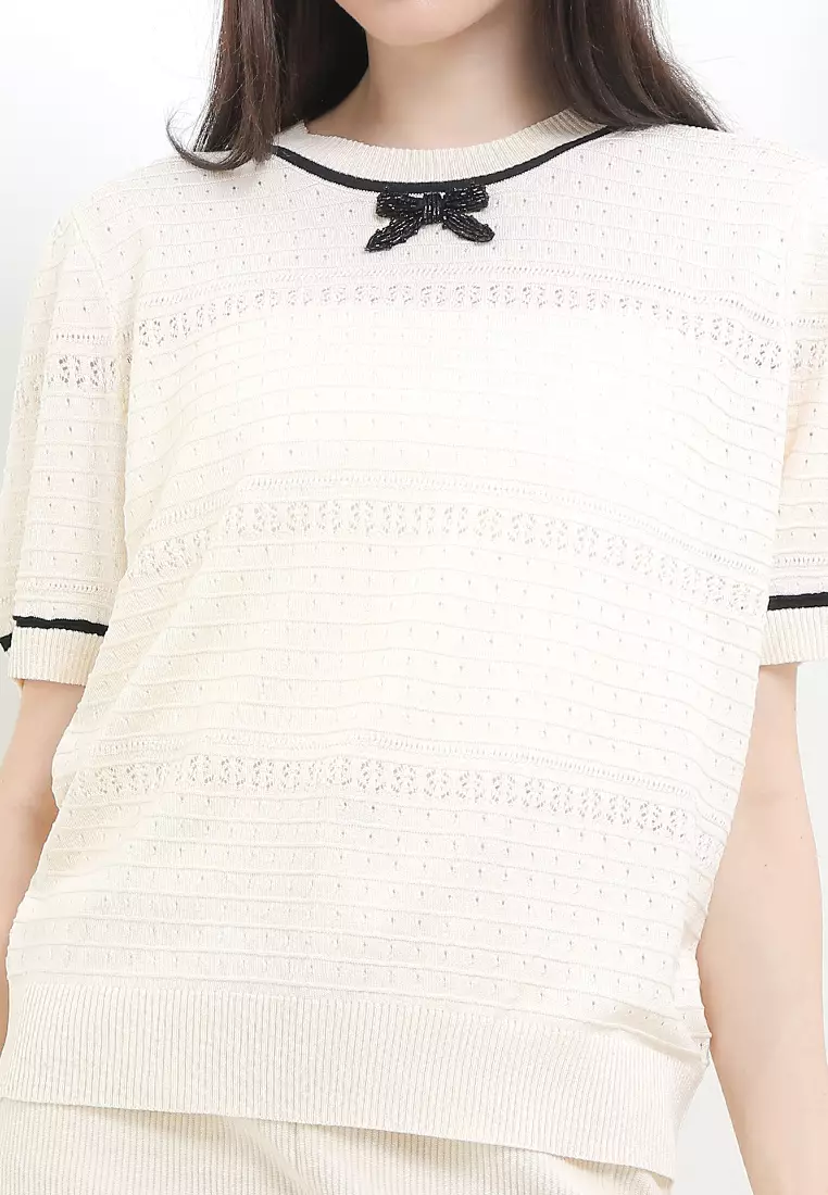 S/S Pointelle Knit Blouse With Beaded Bow