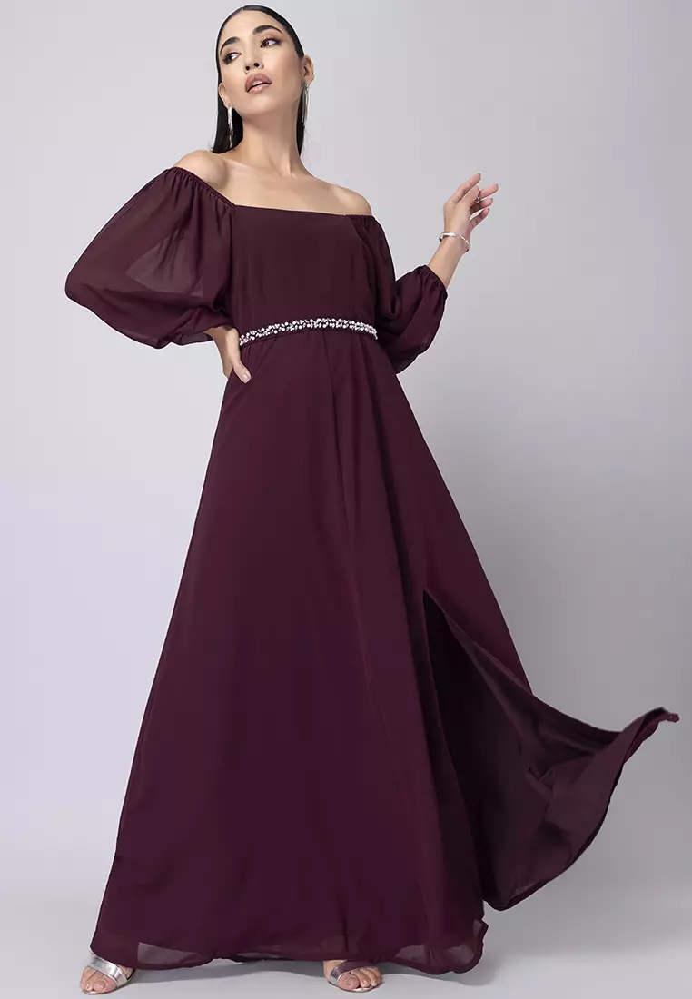 Buy FabAlley Maroon Puff Sleeve Dress with Embellished Belt Online