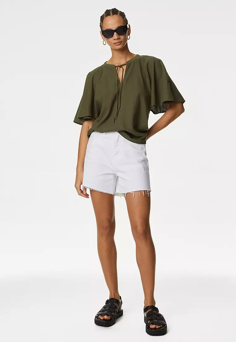 Linen Rich Tie Neck Angel Sleeve Blouse