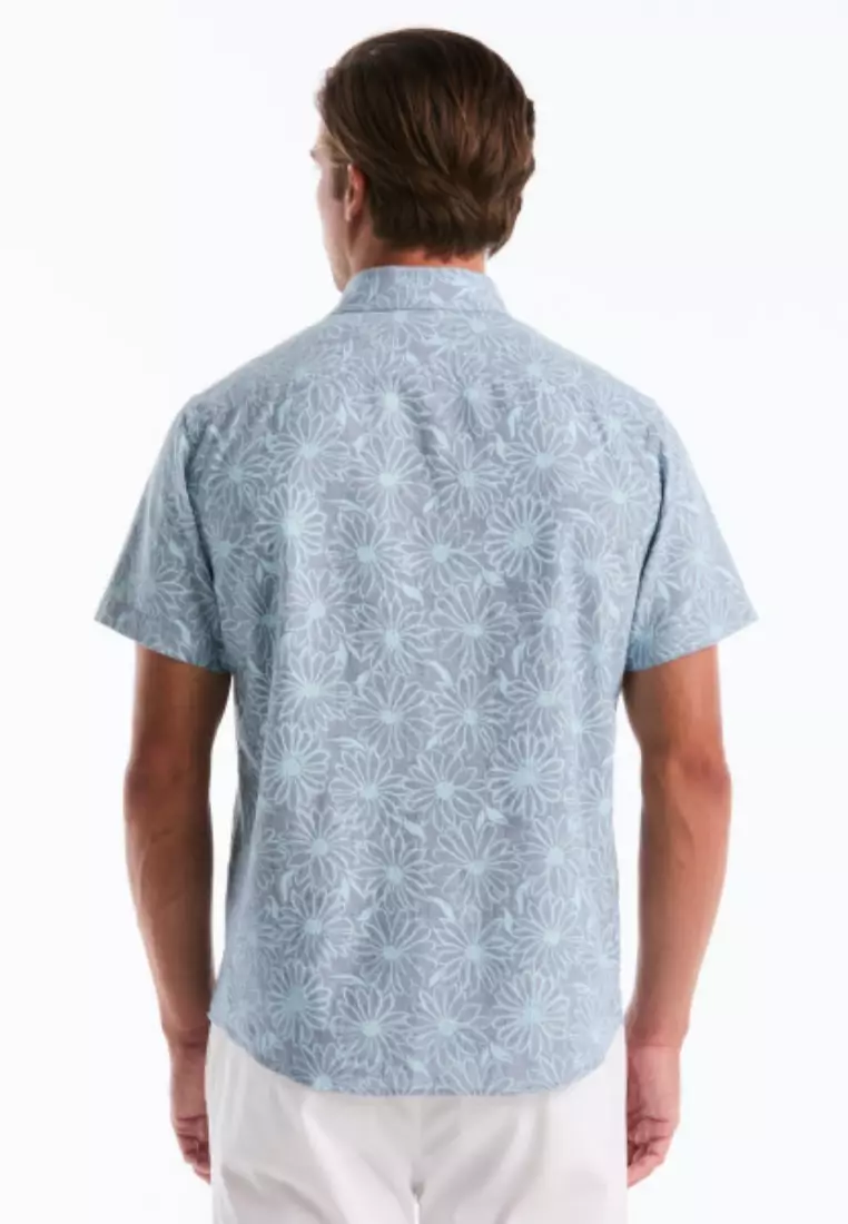 Short Sleeve Linen Cotton Flower All-Over Print
