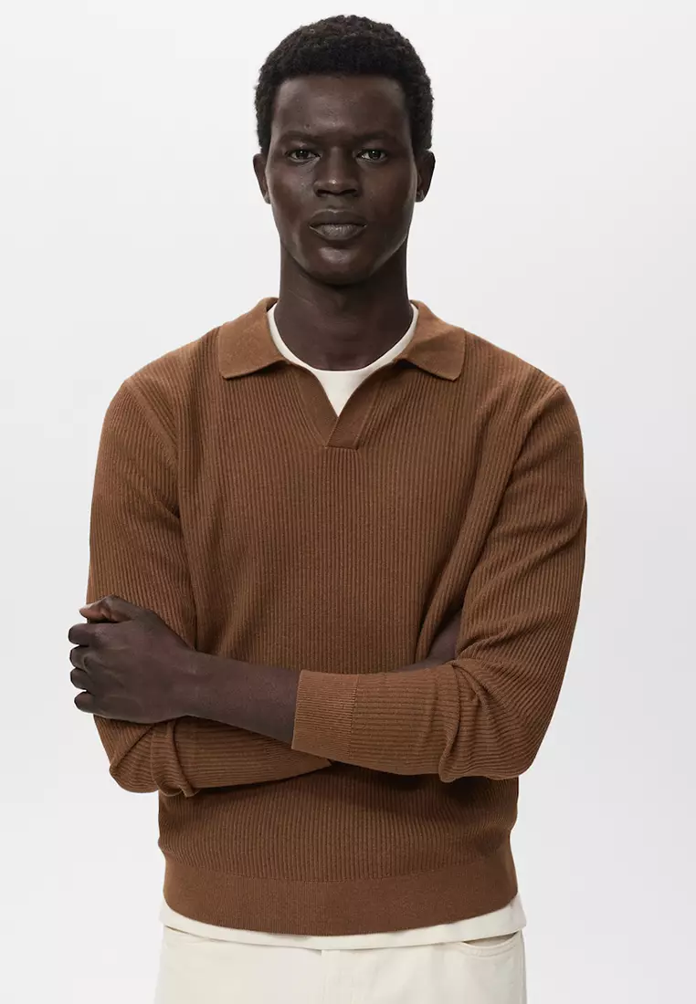 Cotton-Blend Ribbed Polo Sweater