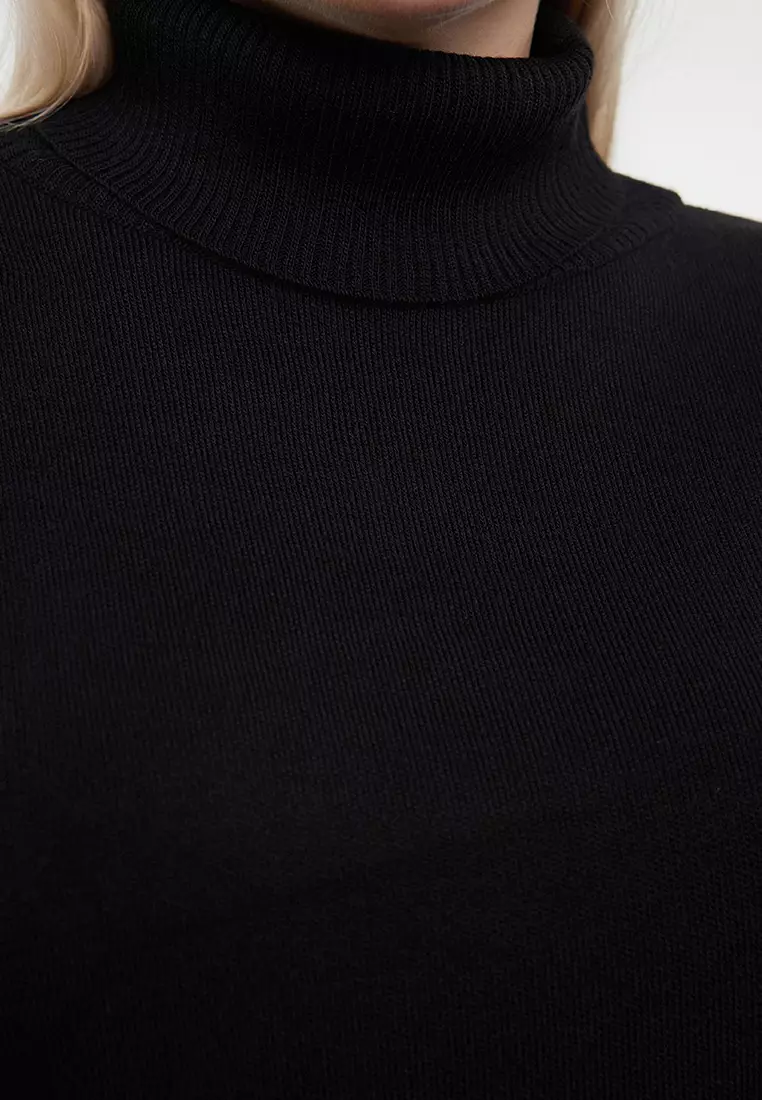 Black Turtleneck Wide Pattern Knitwear Sweater Tbbaw25An00019