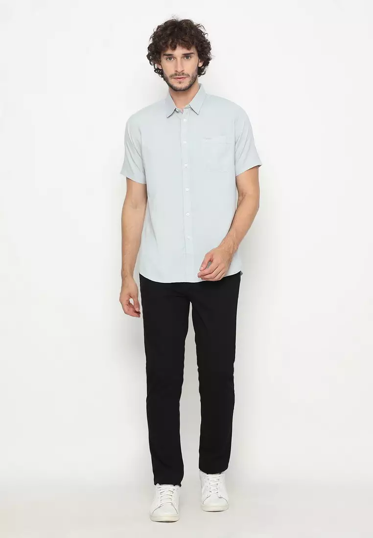 POLICE Kemeja Polos Basic Cotton Soft Grey Regular Fit Pria