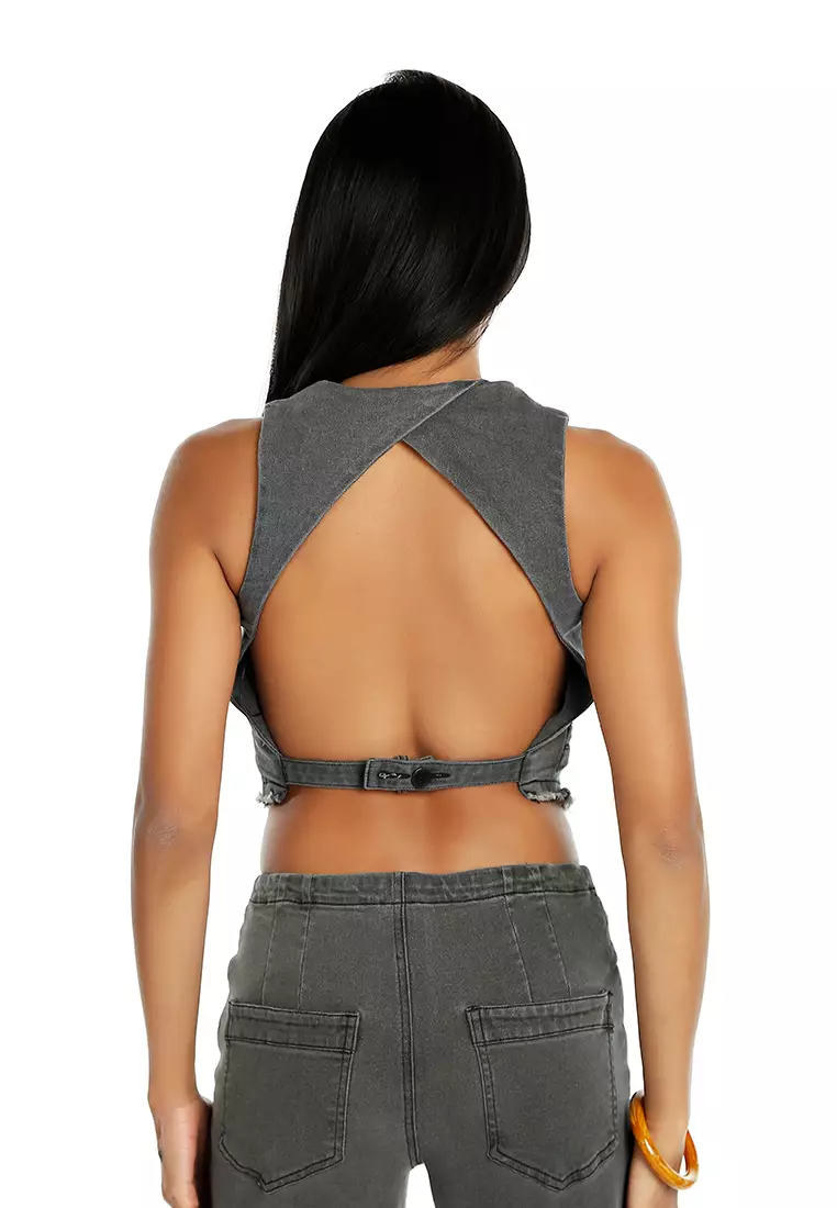 Backless Denim Waistcoat In Washed Black