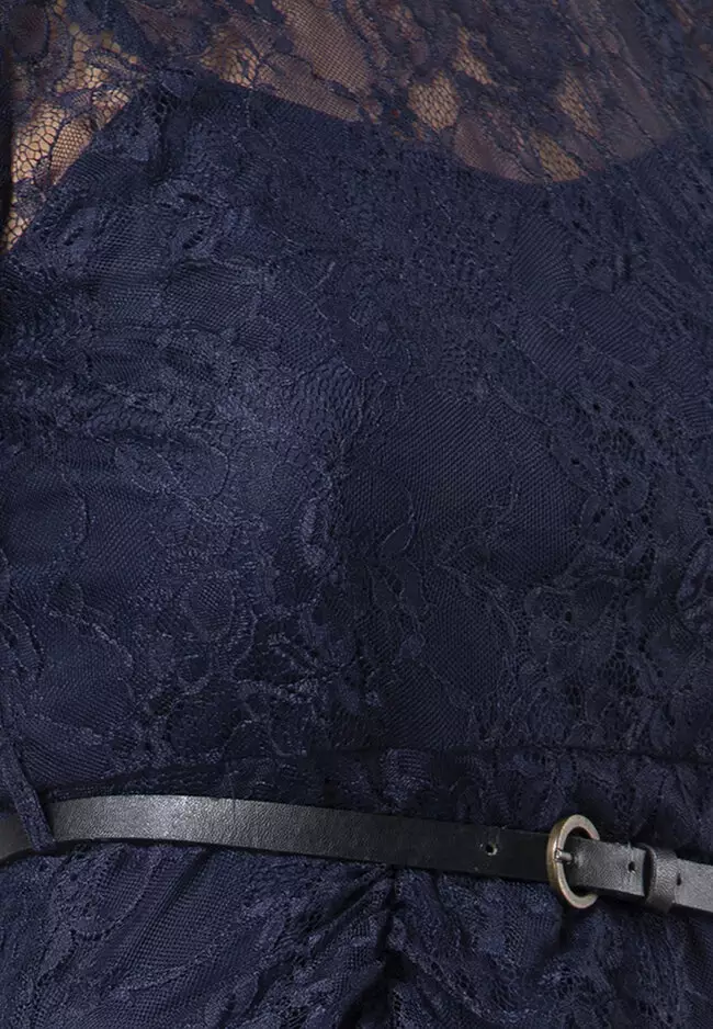 Navy Lace Ruched Midi Dress with Leather Belt