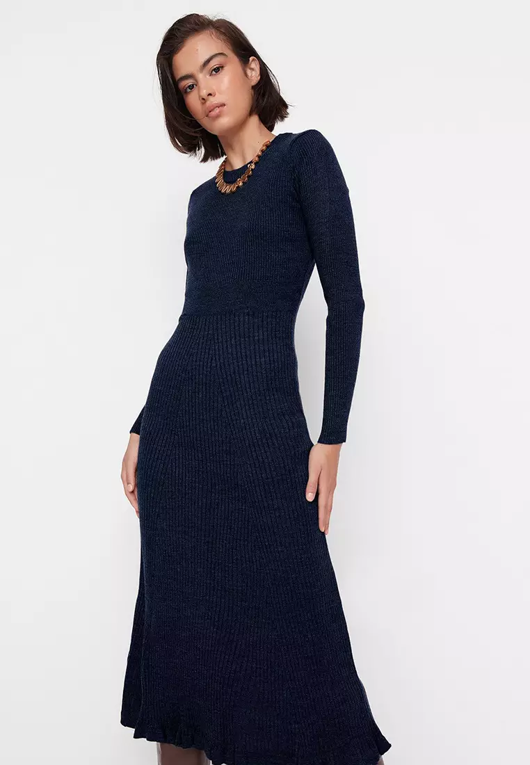 Navy Blue Midi Knitwear Crew Neck Dress