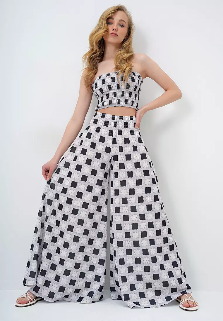 Women's Black Waist Gimped Wide Leg Pants And Gimped Crop Bustier Suit Alc-X14058