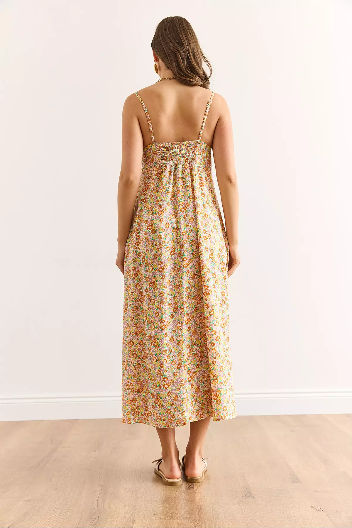 Women's Yellow Orange Strap Adjustable Front Gathered Woven Viscose Dress Elb-19002438