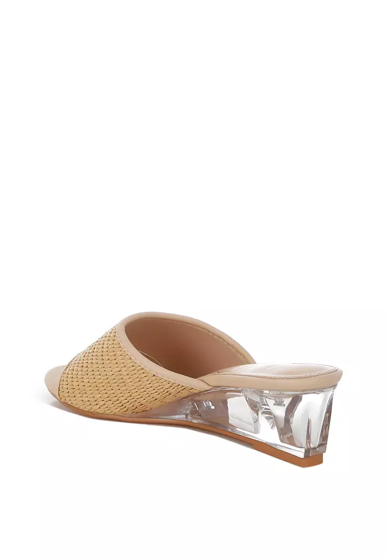 Sandal wedges hak bening Rafia warna natural