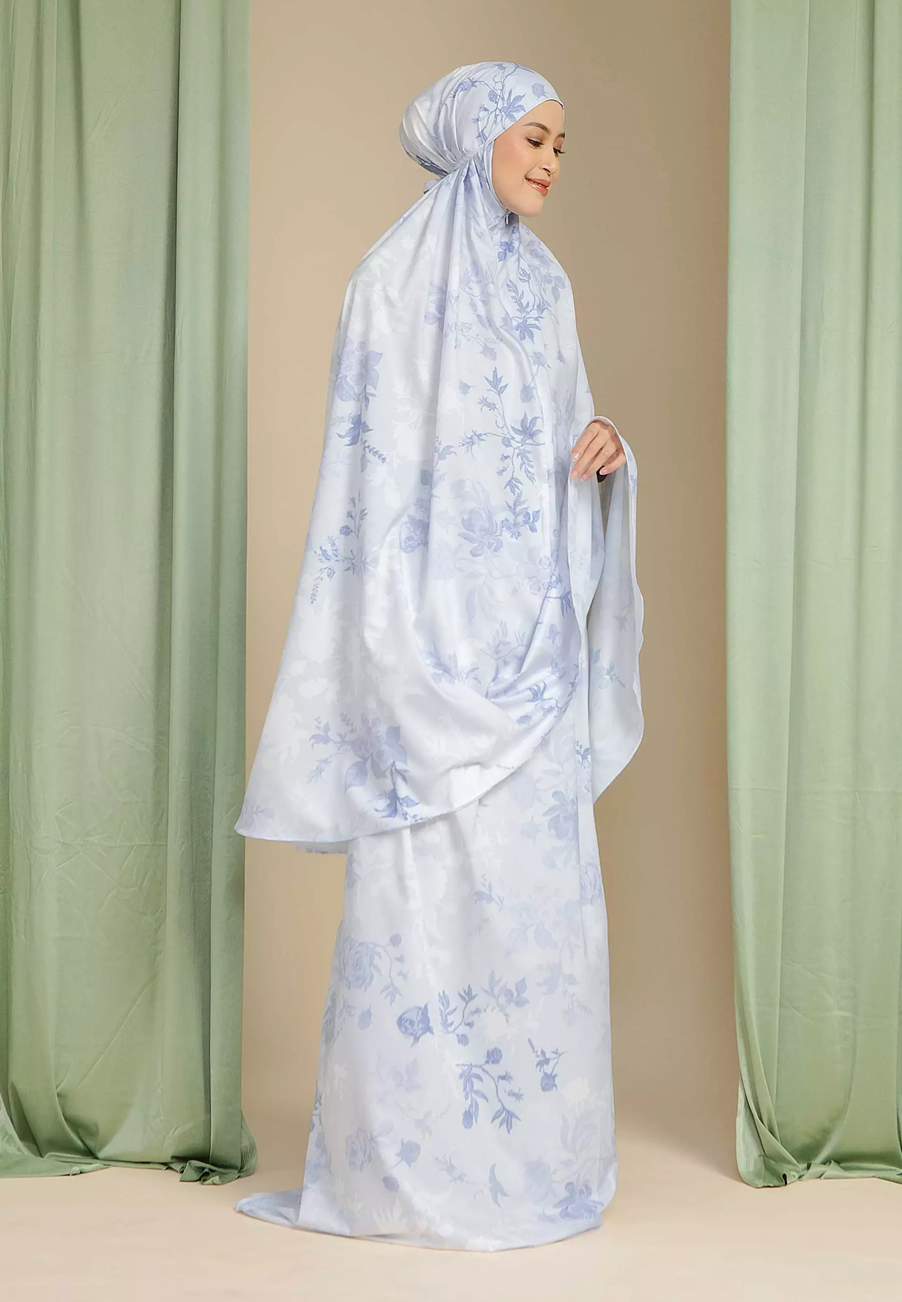 HijabChic Zayana Blue Prayer Set - Mukena Dewasa Satin Silk Premium Lembut Motif Bunga Mewah