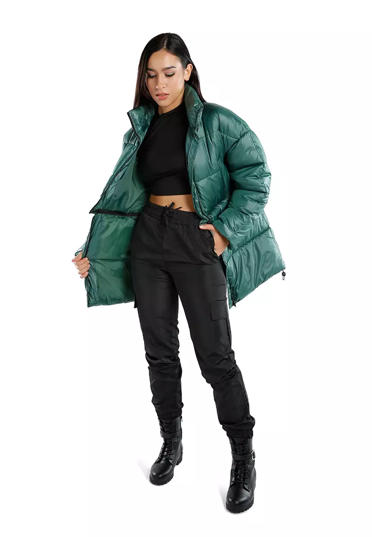 Jaket Puffer Turtleneck Dua Arah Hijau yang Dapat Dilepas