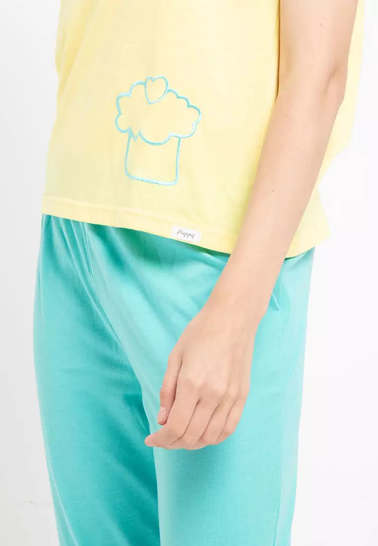 Pyjama Short Sleeve Long Pants Bordir Cupcakes Sleepwear