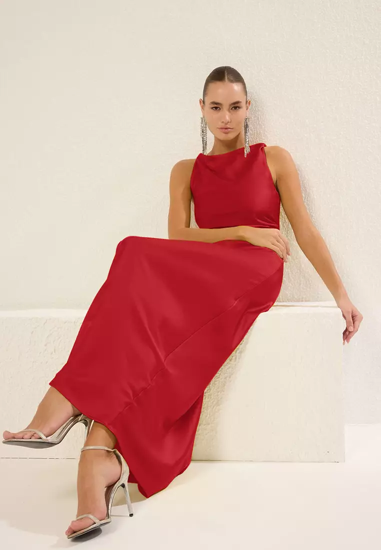 Red Bodycon Satin Woven Maxi Evening Prom Dress TPRSS25AE00066
