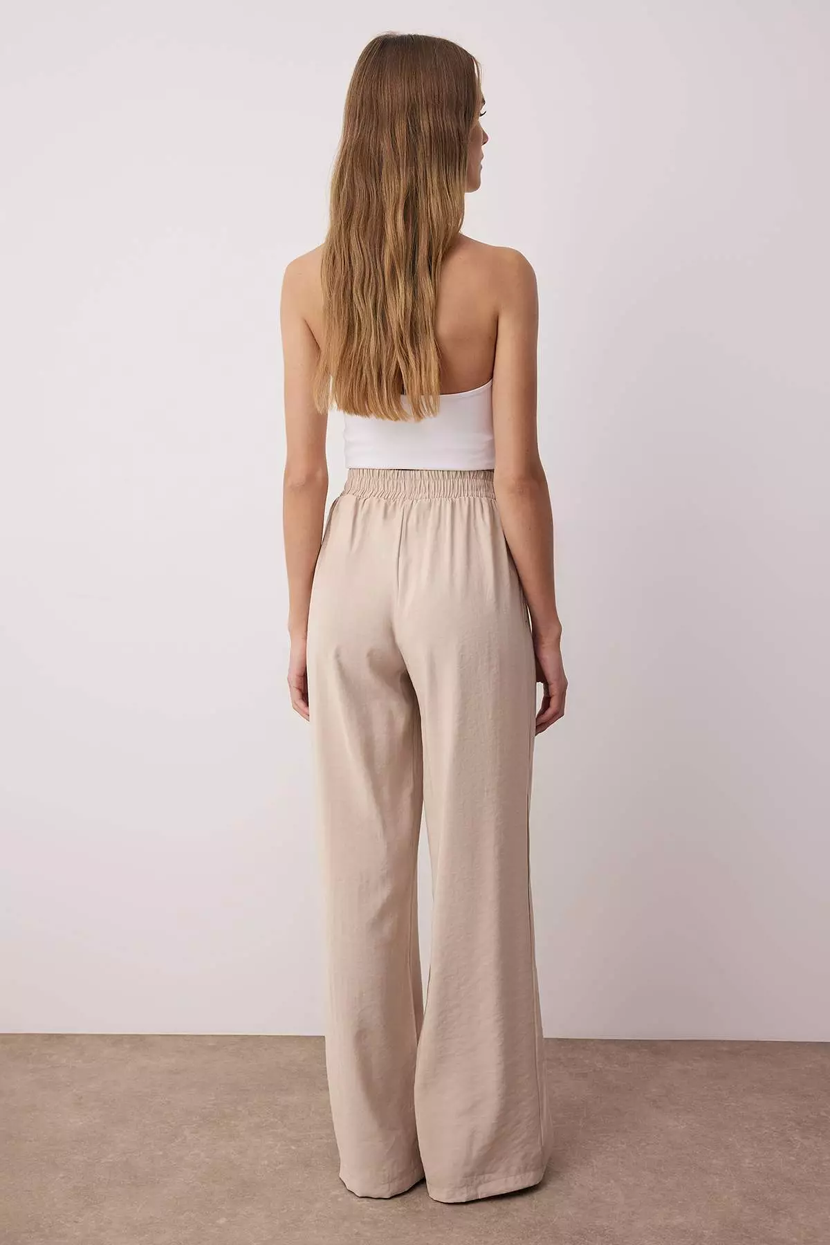 Beige Modal Elastic Waist Wide Leg Pants