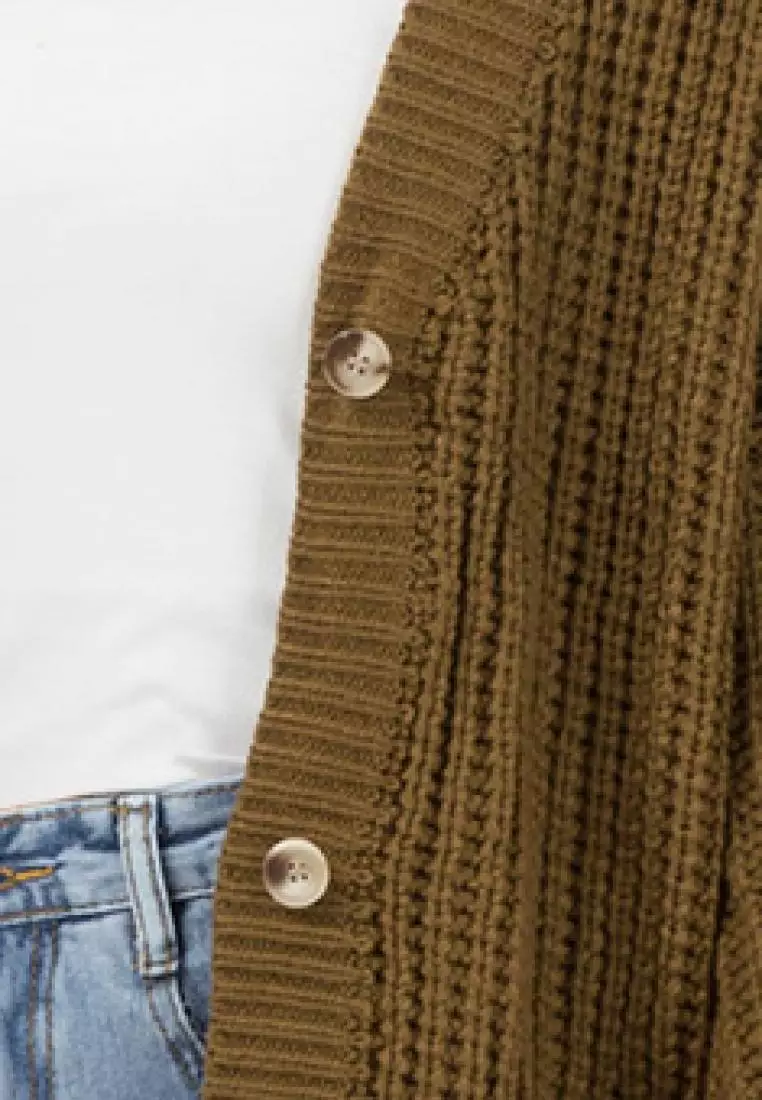 Button Puff Sleeve Knit Cardigan in Brown