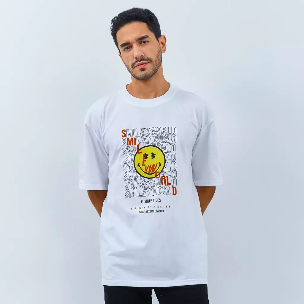 EMBA DENIM I SMILEYWORLD - Kaos Smiley Oversize Pria Material Single Jersey Warna Putih - Hank