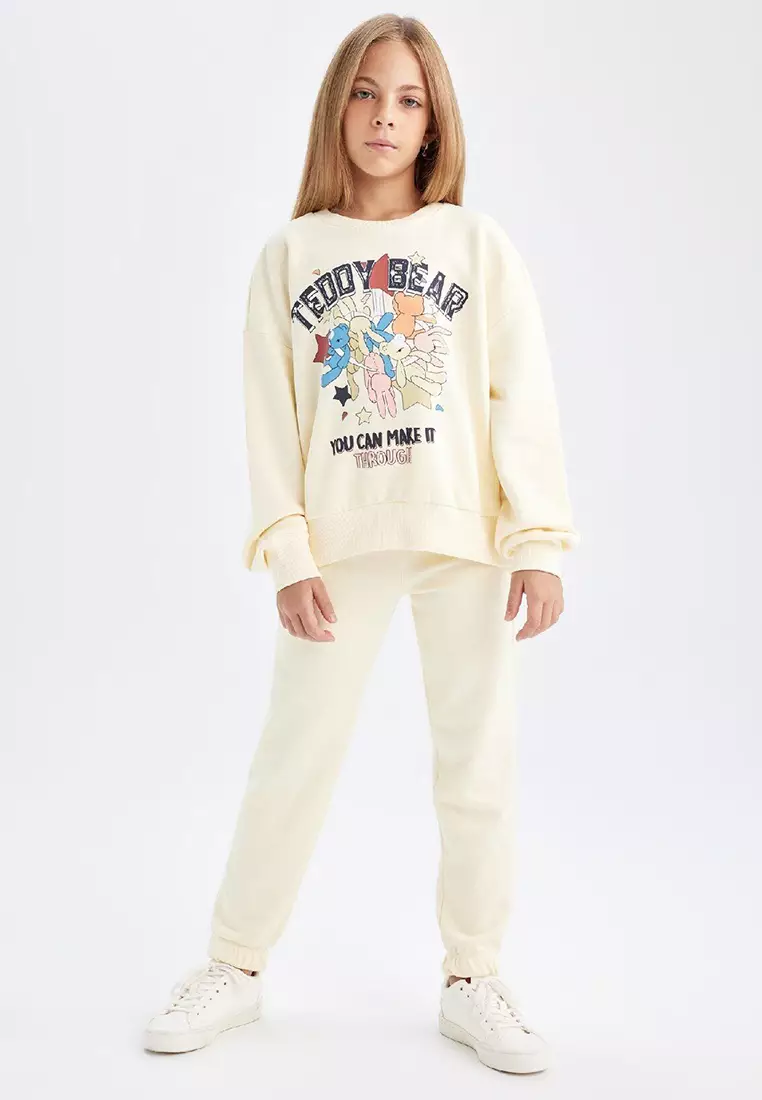 2-Piece Set Printed Crew Neck Thick Sweatshirt Elastic Waist Jogger Tracksuit