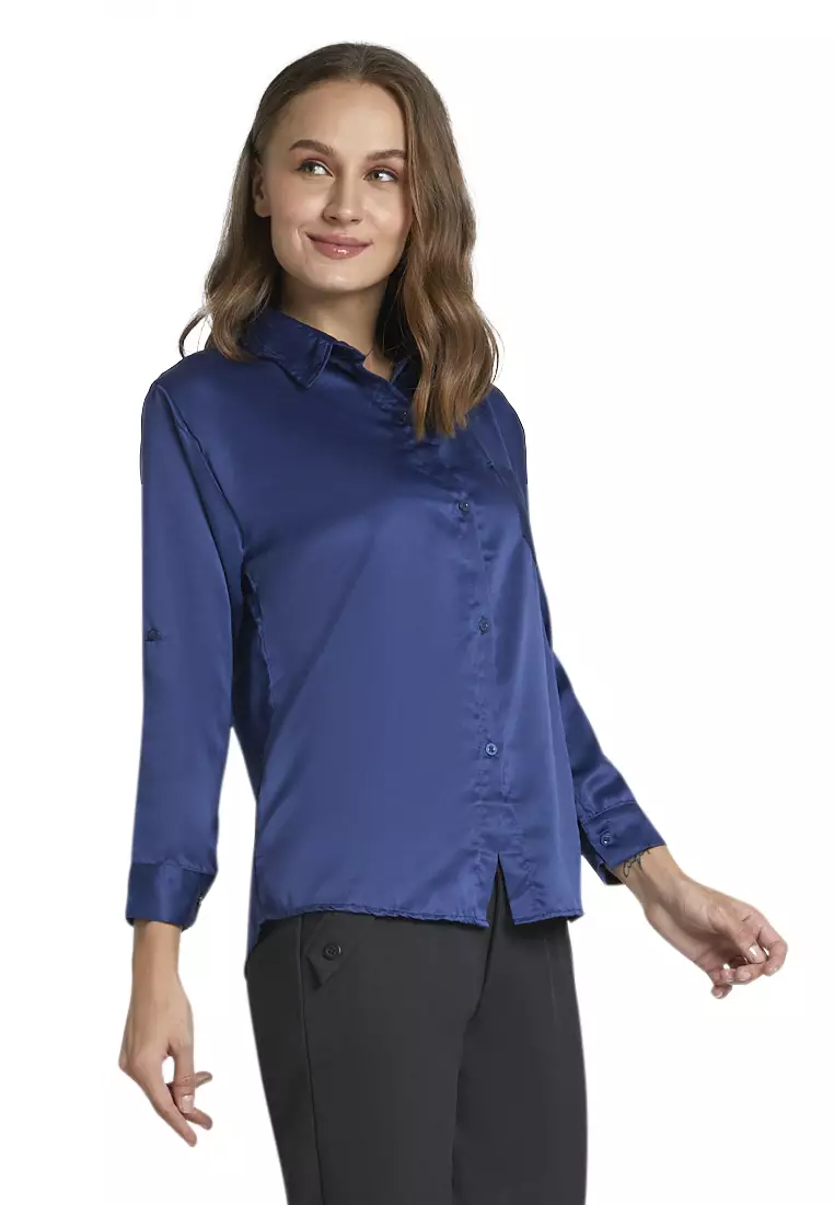 Uchenna Kemeja Lengan Panjang Shirt Plain Atasan Wanita Baju Kerja Regular Fit - Navy