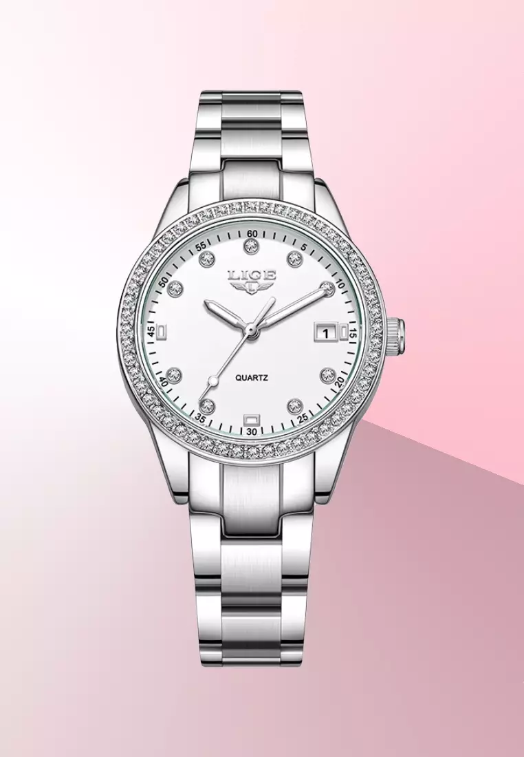 Ladies Light Weight Alloy Quartz Watch with Date, 34mm , Paved with Crystals, White Dial, Stainless Steel Bracelet