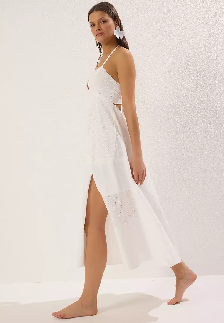 White Maxi Woven Beach Dress TBESS25EL00112