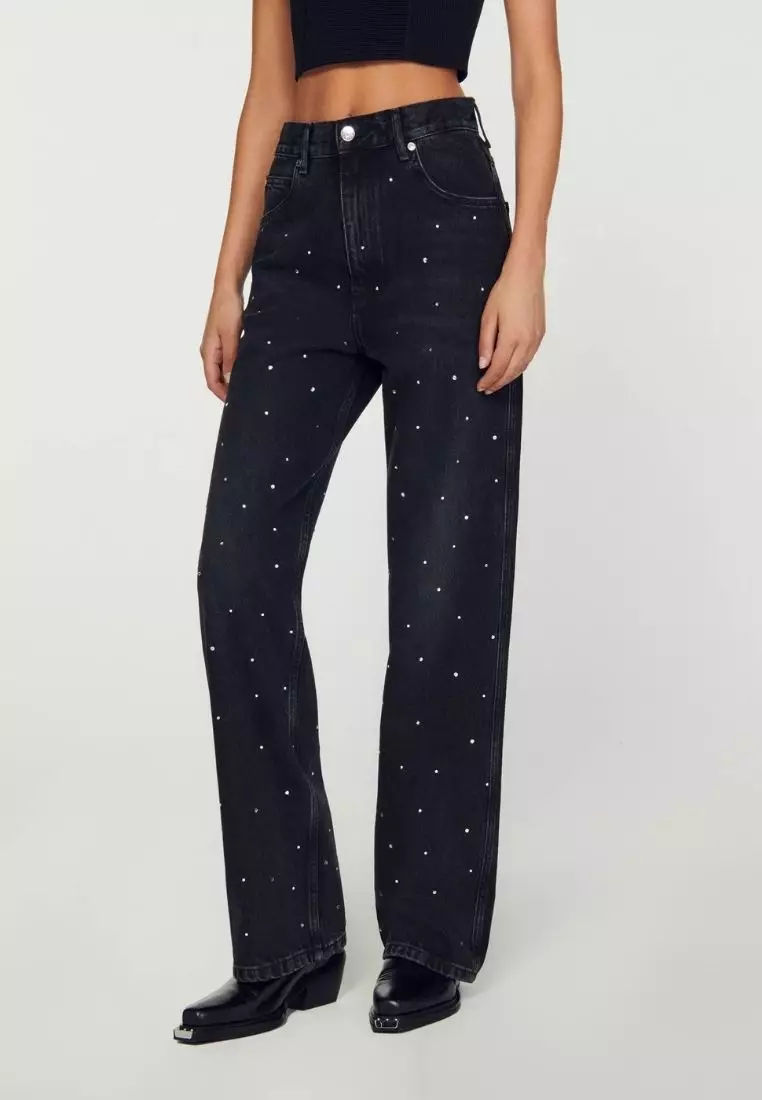 Two-tone double-waisted jeans