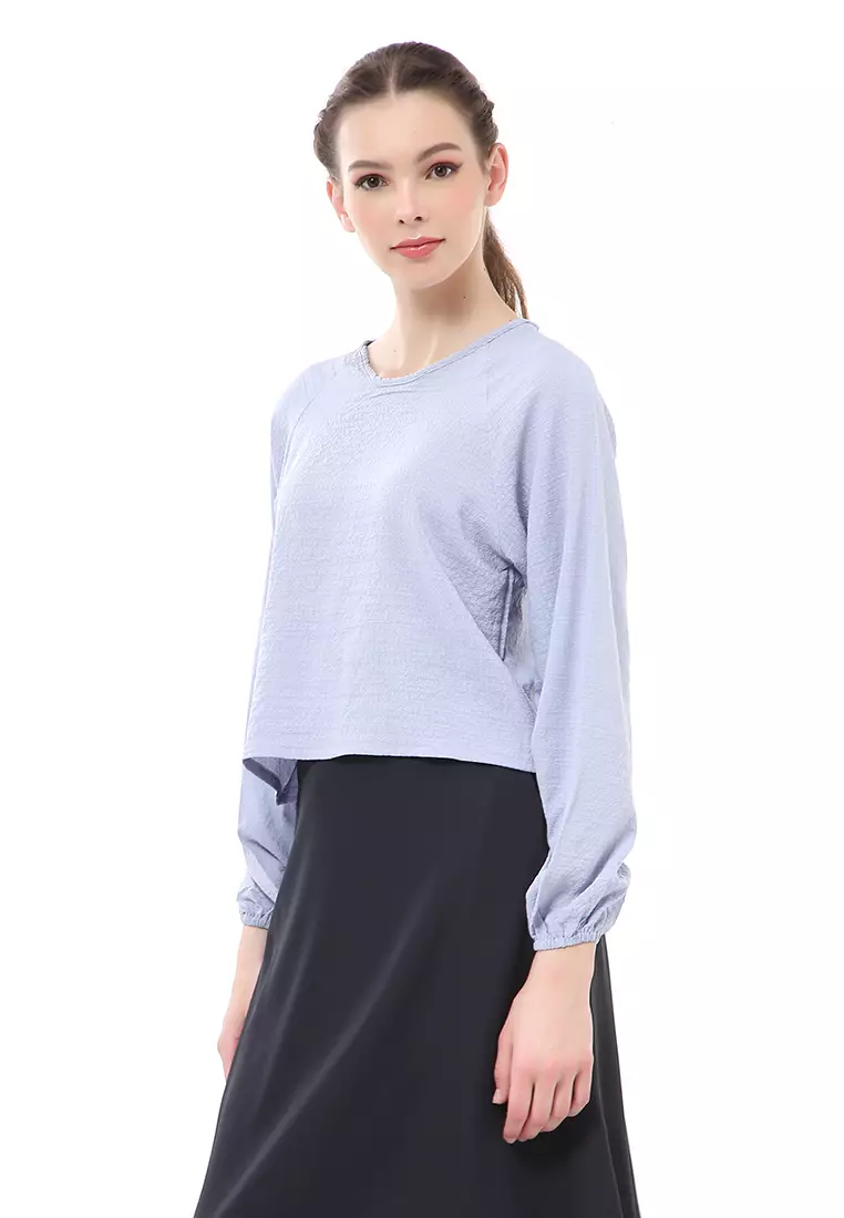 Albertine Blouse Atasan Wanita Lengan Panjang Desain Balon Material Crinkle ORIGINAL - Blue