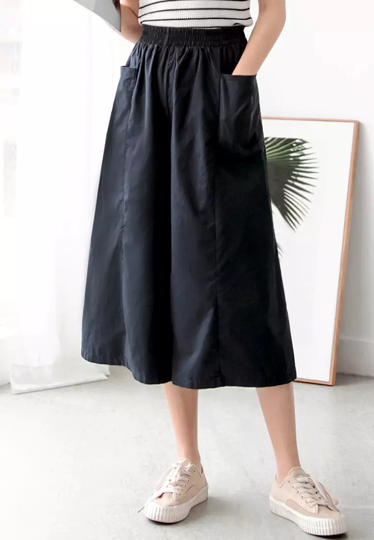 Cotton Elastic Waist Wide-Leg Cropped Trousers [BA3858]