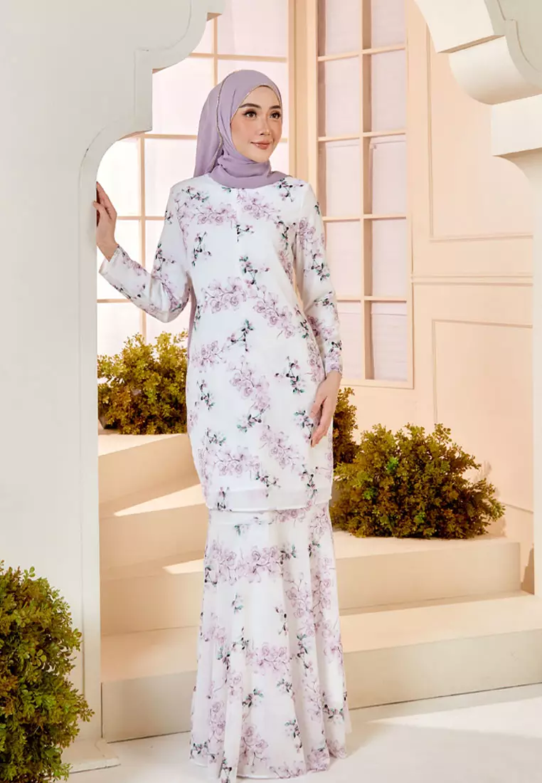 ARIEL Purple Orchid Baju Kurung Moden Princess Kain Kembang Payung in White Base
