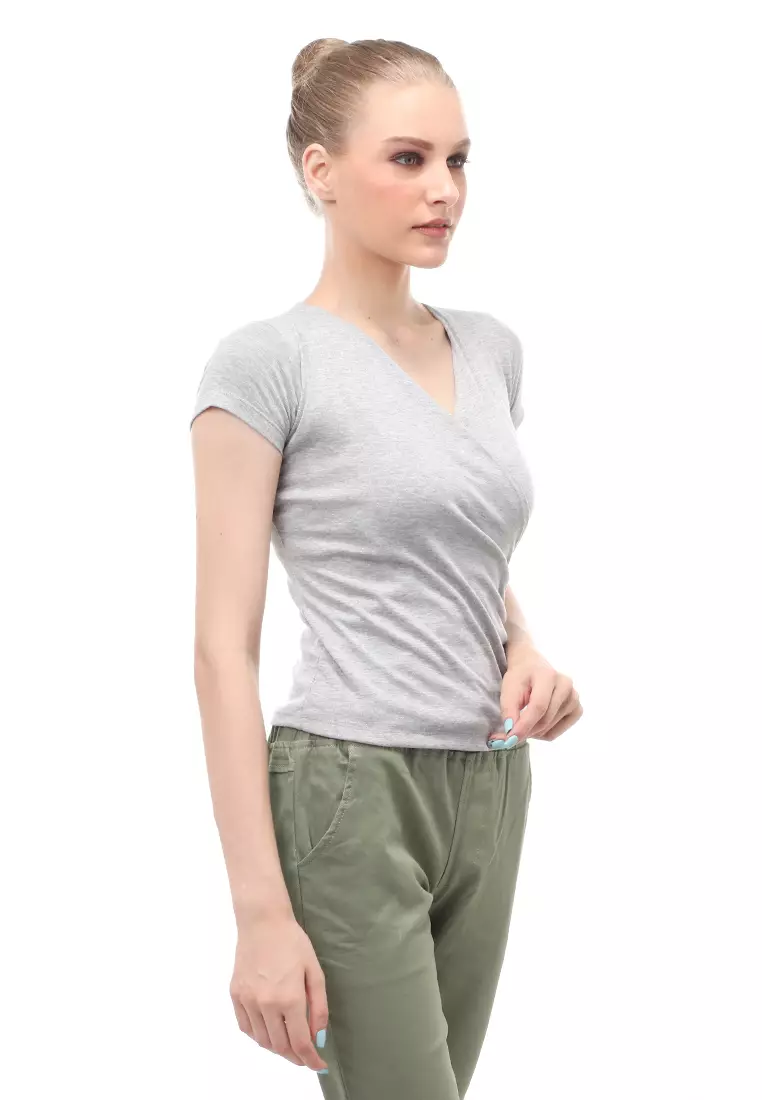 Blouse Atasan Wanita Short Sleeves Kerah V-neck Design Simple Elegant - Misty