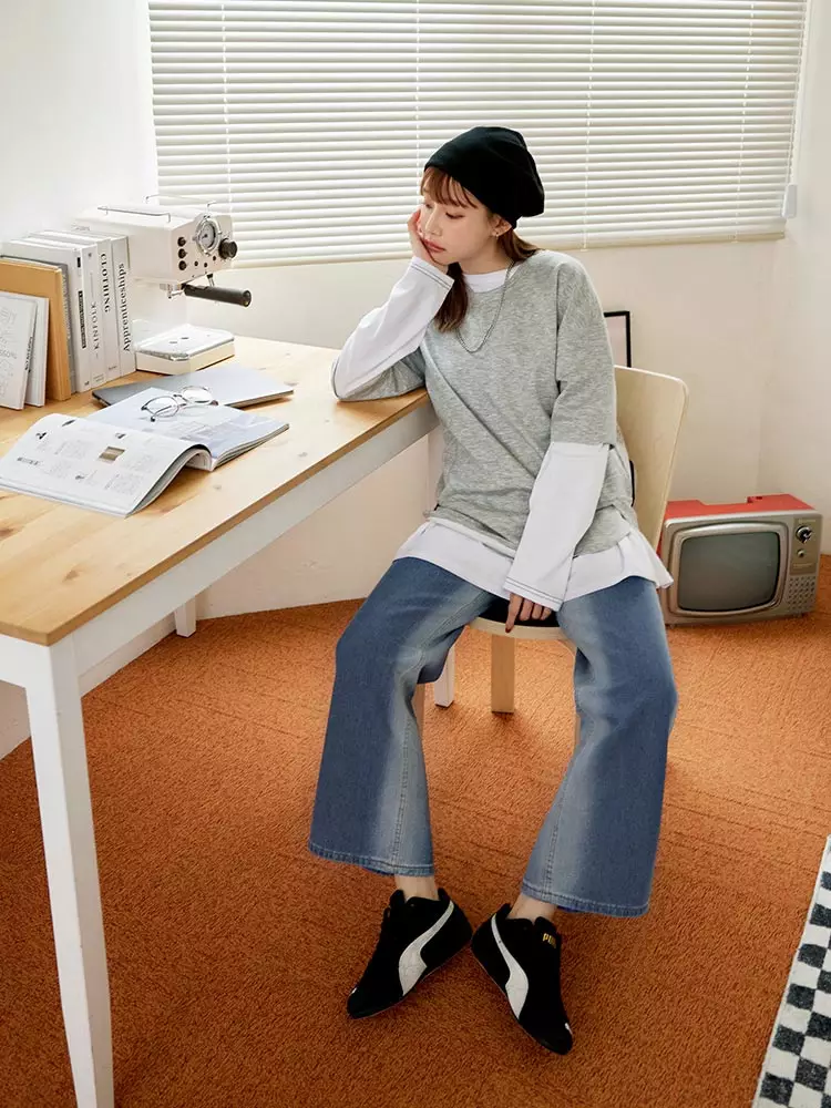 男女共穿．側邊渲染刷色直筒牛仔褲《BA7282》