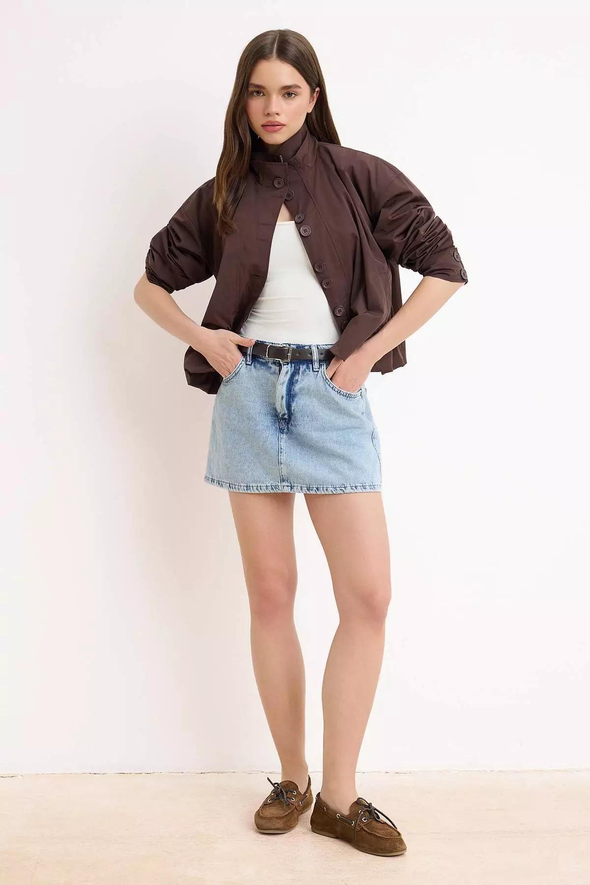 Light Blue Belt Detailed Denim Skirt With Skirt-Like Back Design Twoaw26Sr2