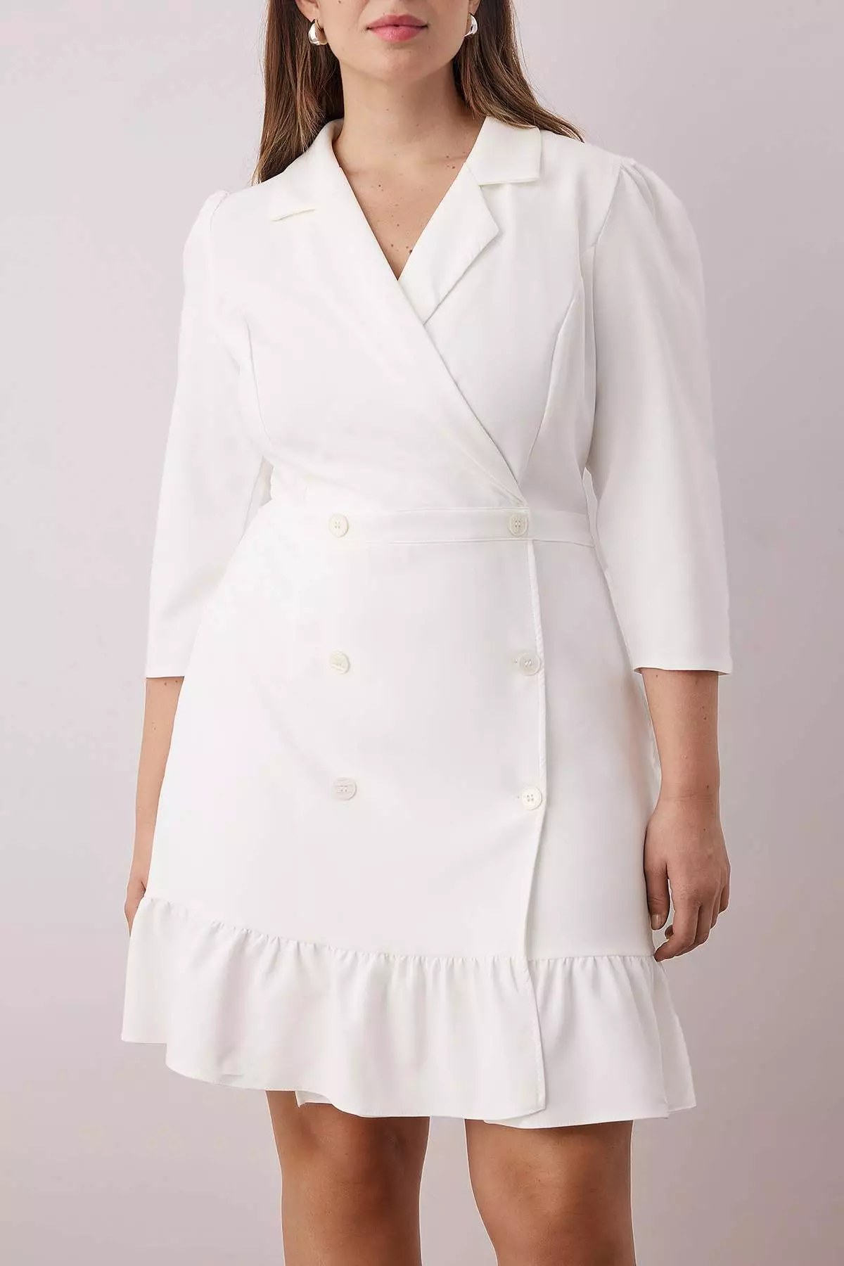 Ecru Plus Size Unlined Three Quarter Sleeve Mini Woven Jacket Dress