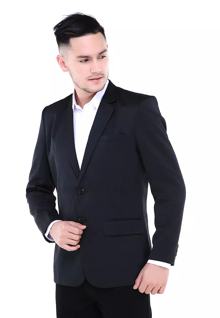 Woreq Jas Blazer Pria Premium Plain Formal Longsleeve Suit Material Polyester ORIGINAL - Black