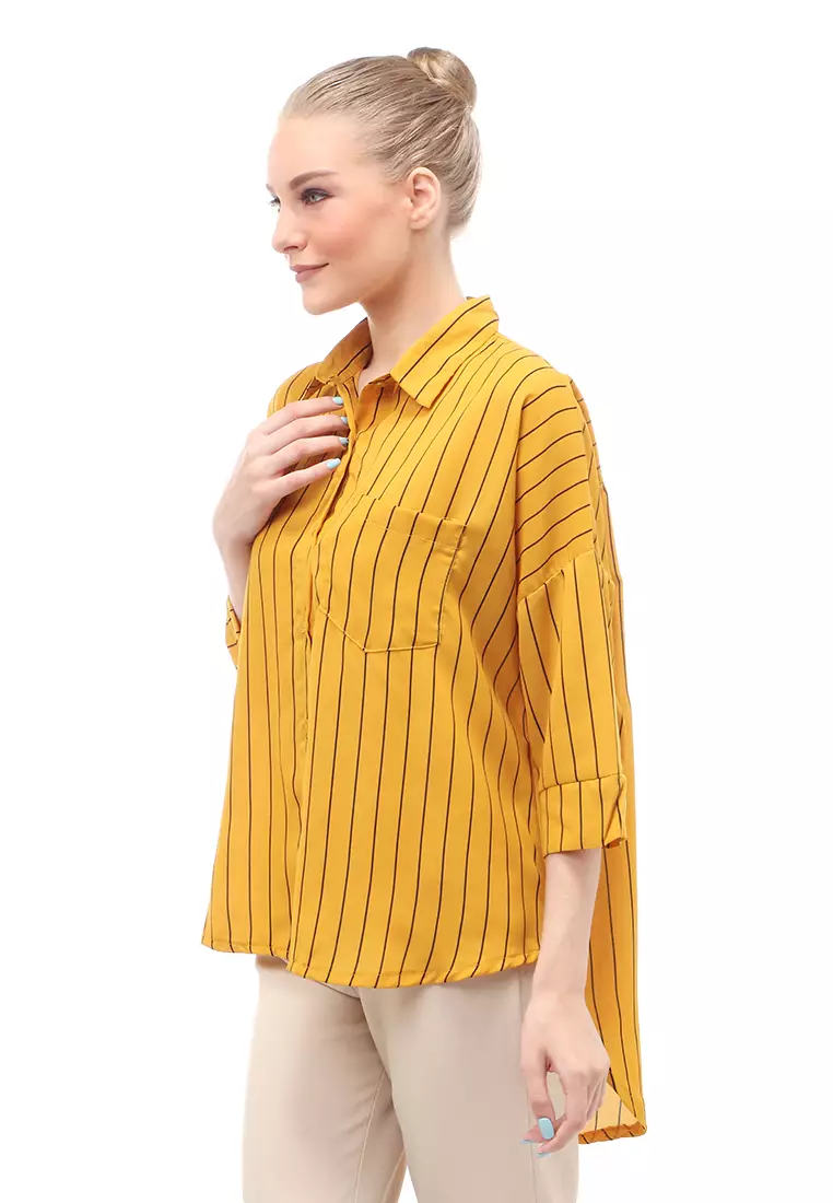 Shirt Salur Lengan Panjang Atasan Wanita Casual Front Button Opening - Mustard