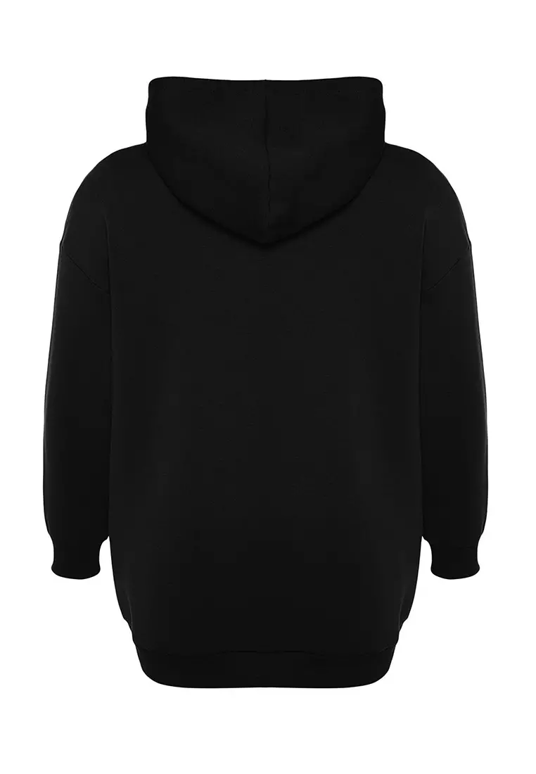 Black Hooded Slogan Detailed Fleece Thick Knitted Sweatshirt Tbbaw24Ao00018