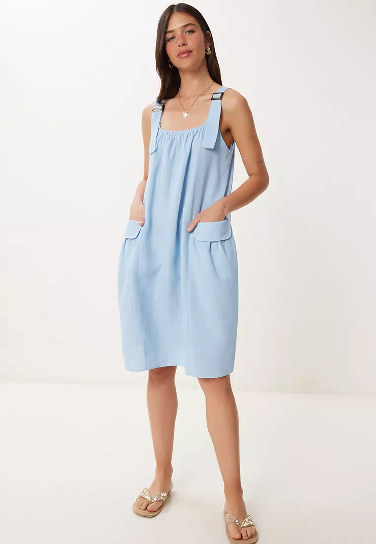 Women's Sky Blue Linen Blend Light See-Through Beach Dress Gx00009