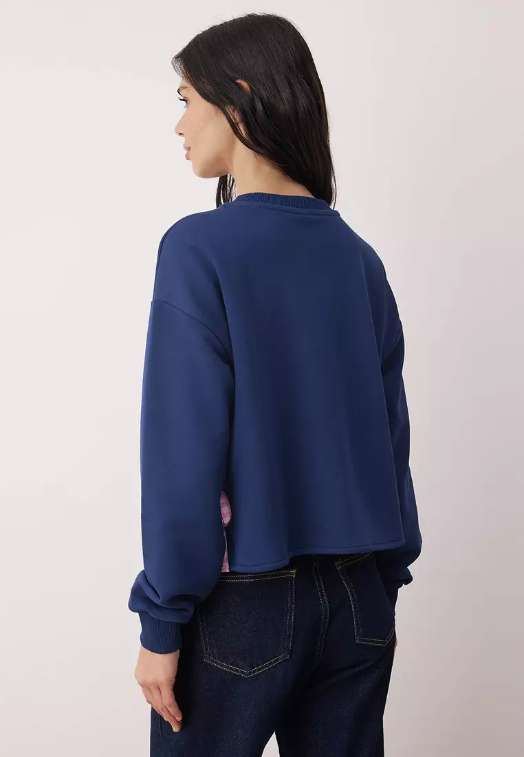 Navy Blue Thick Fleece Lined Ribbon Detailed Crop Length Knitted Sweatshirt Twoaw26Sw75