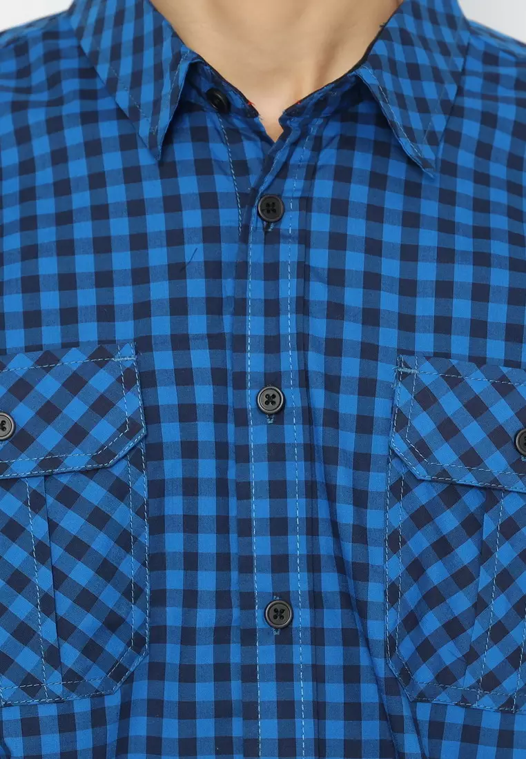 POLICE Kemeja Kotak Cotton Kantong Dua Biru Tua Regular Fit Lengan Panjang Pria