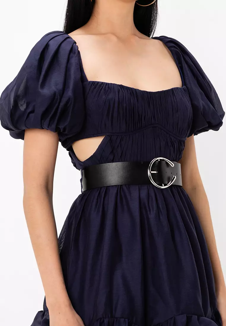 Voile Mini Dress With Pleated Bodice And PU Belt