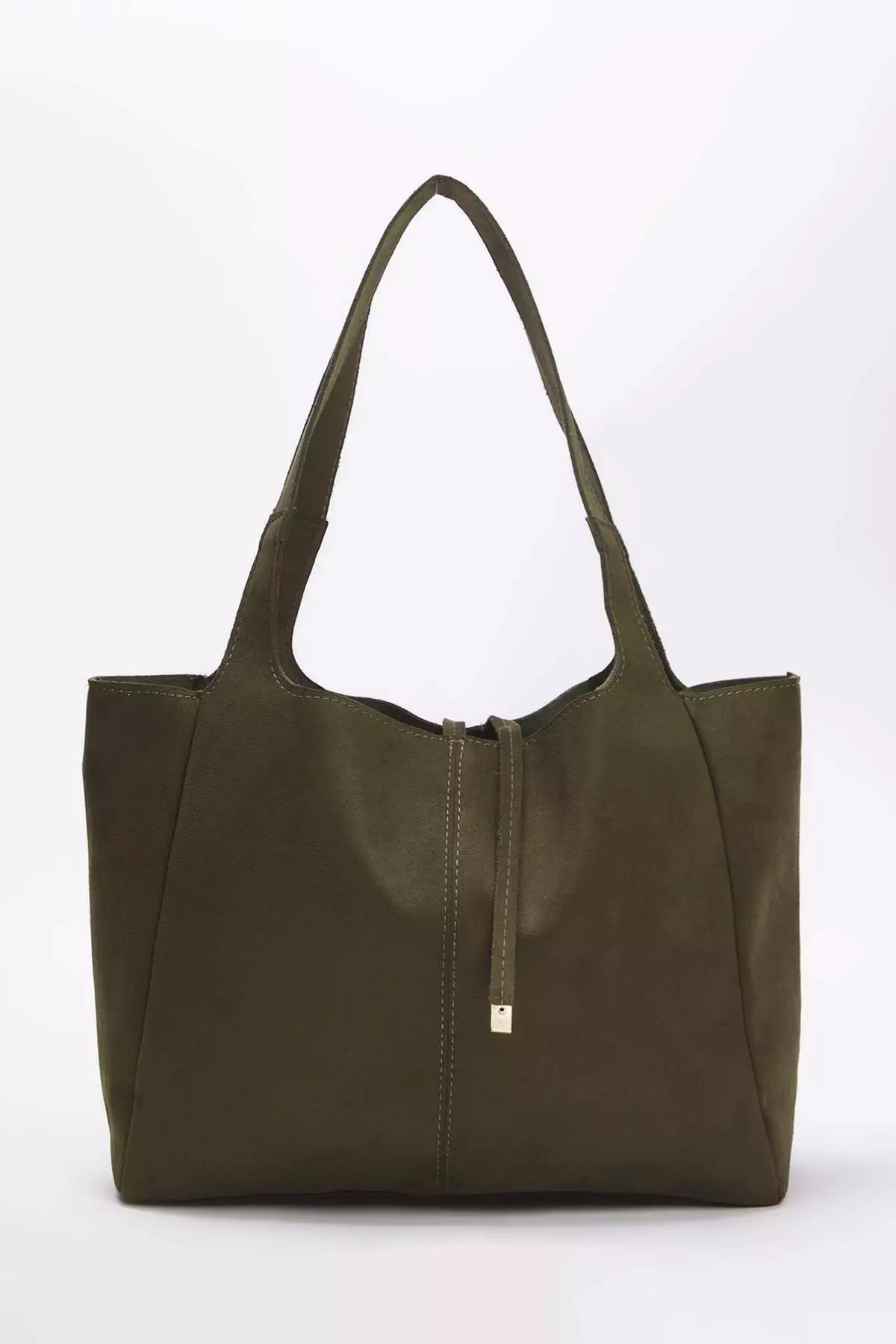 Khaki Suede Tie Detailed Midi Women's Tote Shoulder Bag