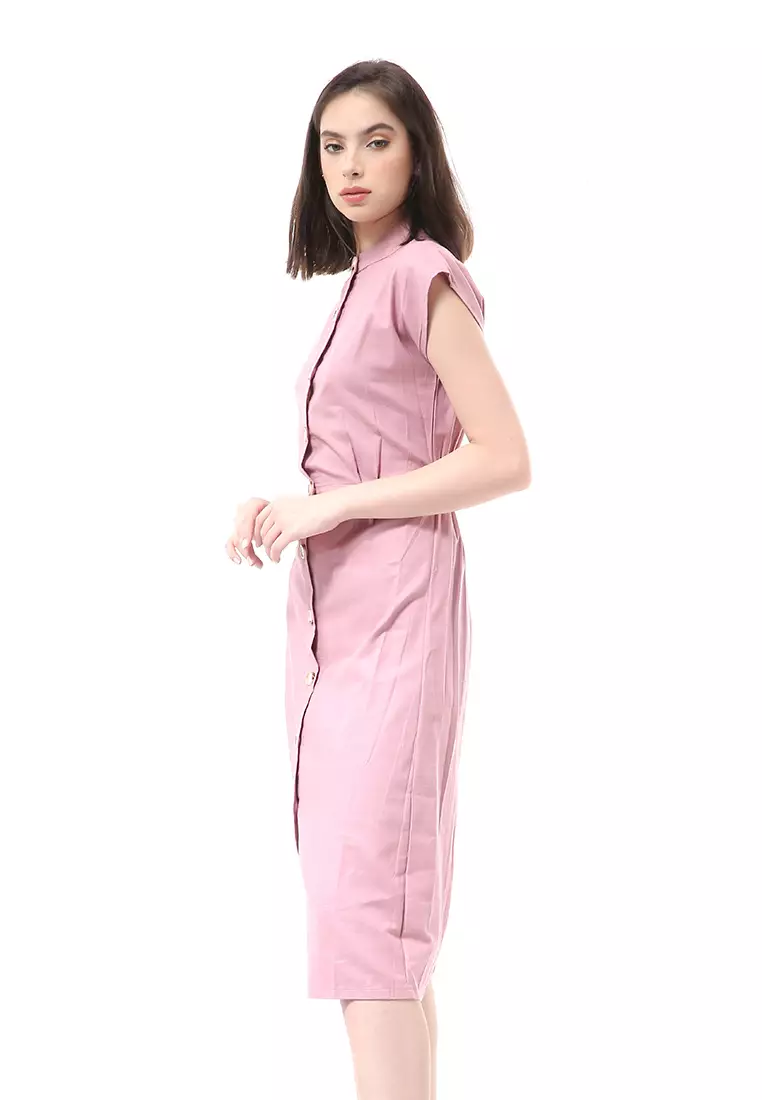 Rachel Rok Wanita Lengan Pendek Button Front Midi Dress Material Sateen ORIGINAL - Mauve