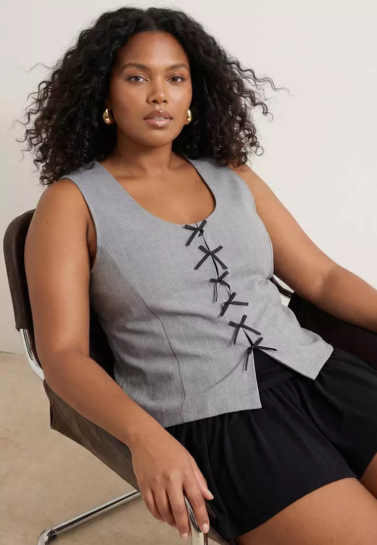 Gray Striped Interlock Bow Detailed Knitted Plus Size Blouse Tbbss26Af00098