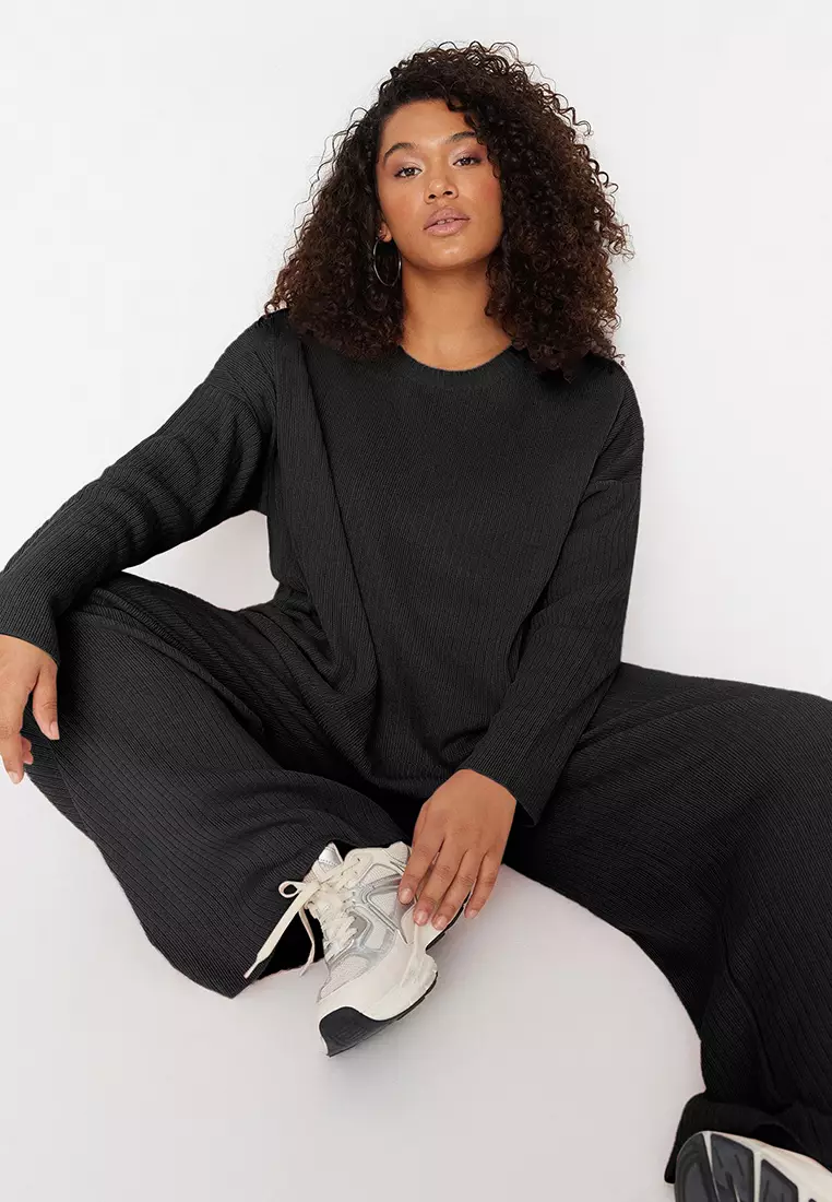 Plus Size Black Knitwear Sweater And Trousers Set Ribbed Crew Neck
