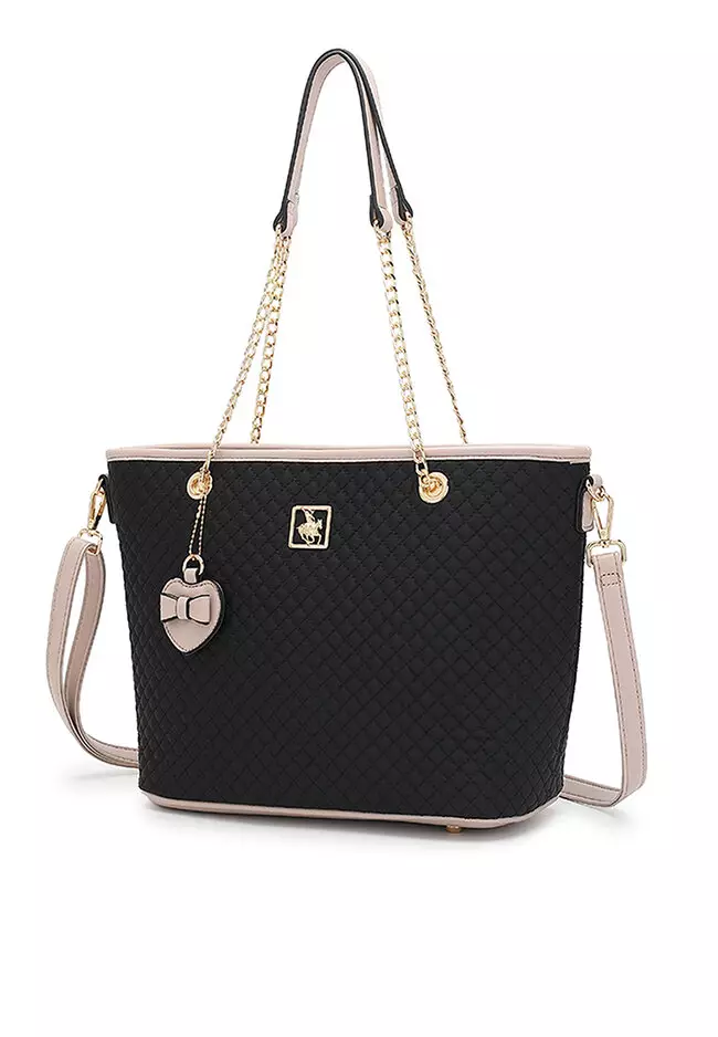 Women's 3 in 1 Quilted Handbag - Tote Bag / Wallet / Pouch  - Black